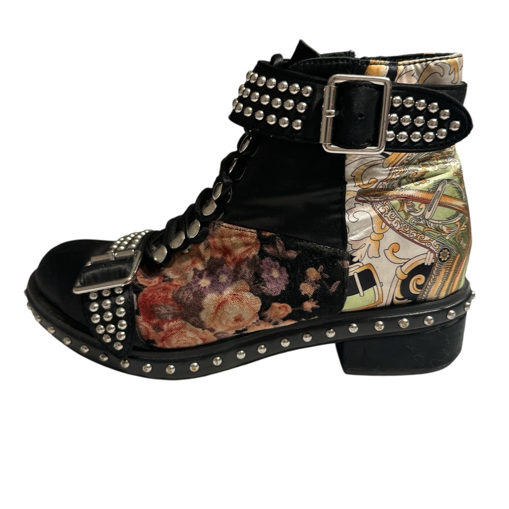 Jeffrey Campbell Studded Black Floral Patchwork Ankle Boot Size 7